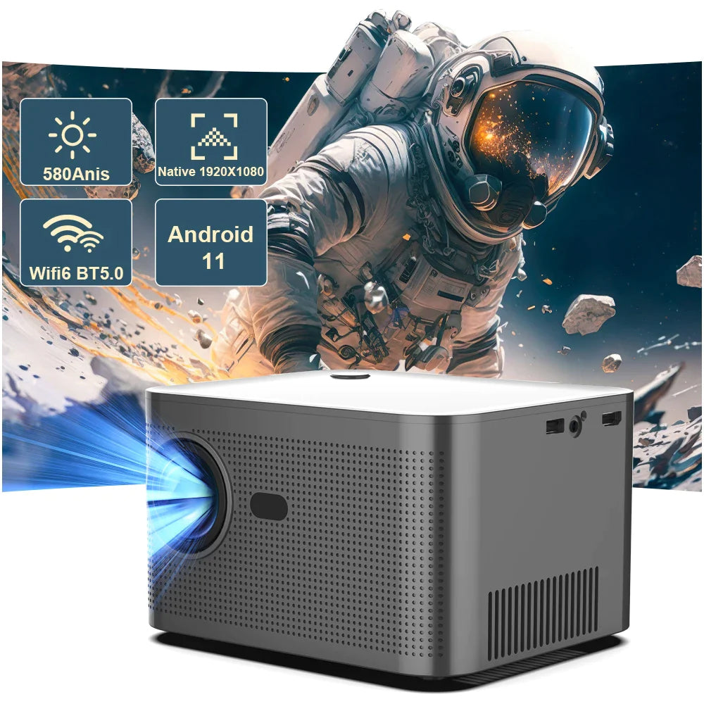 HY350 ANDROID 11.0V (CPU ALLWINNER H713) SMART PROJECTOR 2GB+32GB DUAL SPEAKER 1080P WITH DUAL BAND WIFI6 AND BLUETOOTH 5.0 BRIGHTNESS (LUMENS) 580 ANSI SUPPORT 4K.