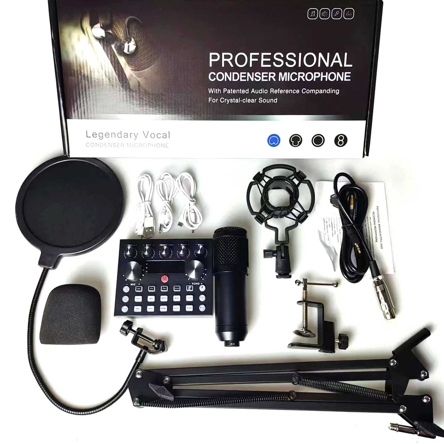 BM800 Microphone Kit Set with V10 Soundcard Big Chip Podcast Condensor Microphone Set