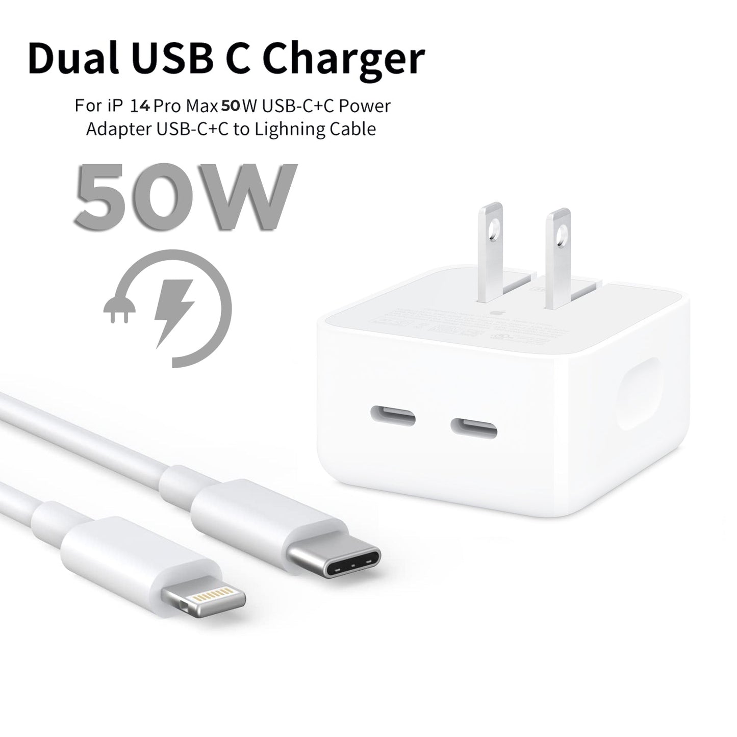 IPHONE 14 Pro 2 Pin (US PIN) 50W USB-C+C POWER Adapter With USB-C TO LIGHTINING CABLE.