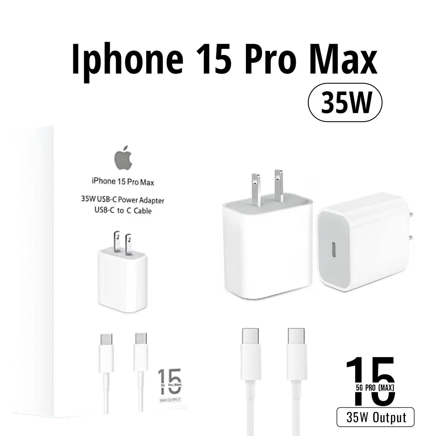IPHONE 15 PRO MAX 2 PIN (US PIN) 35W USB-C POWER ADAPTER WITH USB-C TO C CABLE.