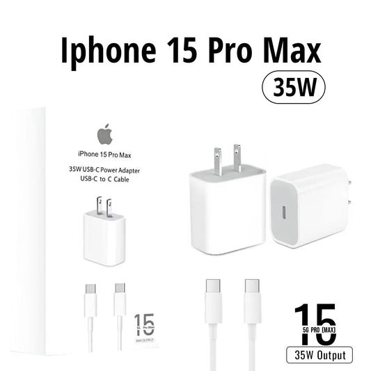 IPHONE 15 PRO MAX 2 PIN (US PIN) 35W USB-C POWER ADAPTER WITH USB-C TO C CABLE.
