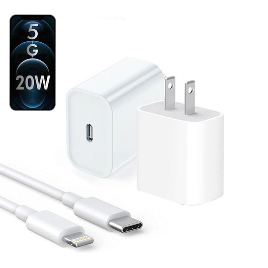 IPHONE USB-C PD 20W POWER ADAPTER CHARGER 2 PIN (USA PIN) WITH CABLE.