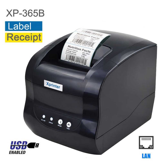 X PRINTER XP-365B 3 INCH THERMAL RECEIPT AND LABEL PRINTER WITH USB+LAN INTERFAC,127MM/S PRINTING SPEED BLACK COLOUR.